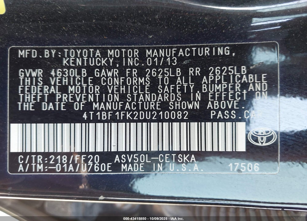 2013 TOYOTA CAMRY SE VIN: 4T1BF1FK2DU210082
