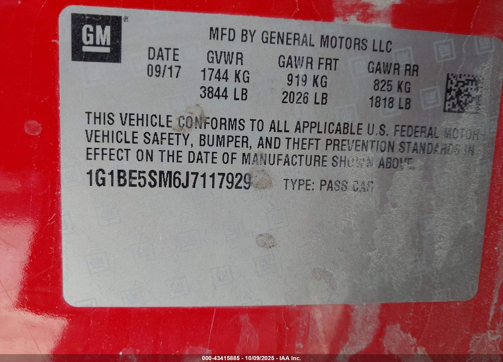 2018 CHEVROLET CRUZE LT AUTO VIN: 1G1BE5SM6J7117929
