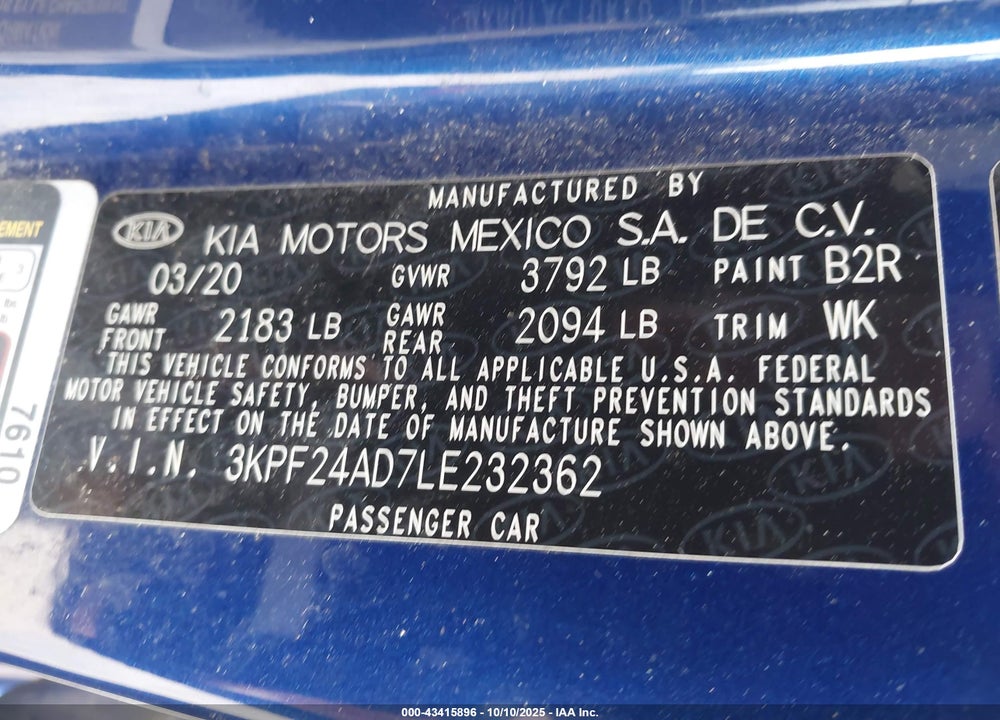 2020 KIA FORTE LXS VIN: 3KPF24AD7LE232362