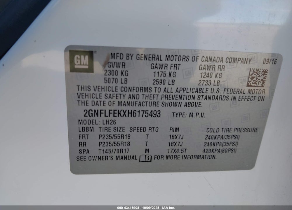 2017 CHEVROLET EQUINOX LT VIN: 2GNFLFEKXH6175493
