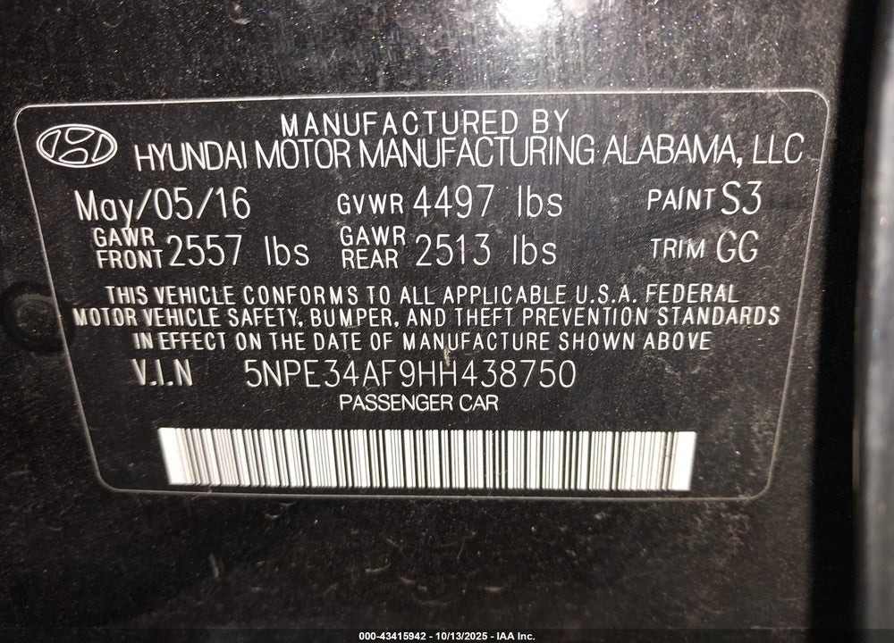 2017 HYUNDAI SONATA VIN: 5NPE34AF9HH438750