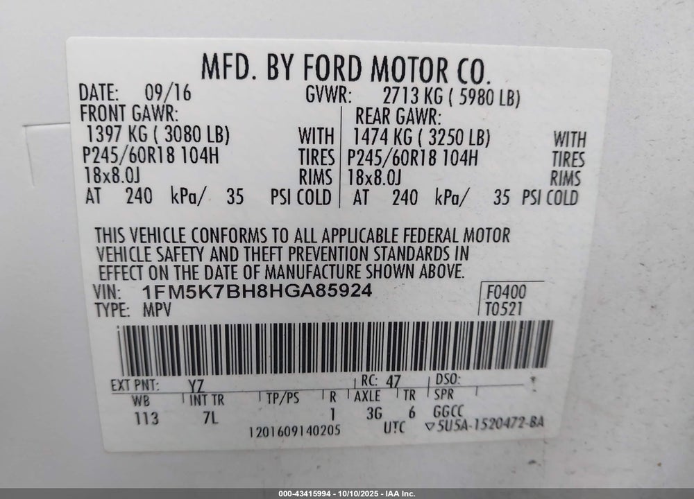 2017 FORD EXPLORER VIN: 1FM5K7BH8HGA85924