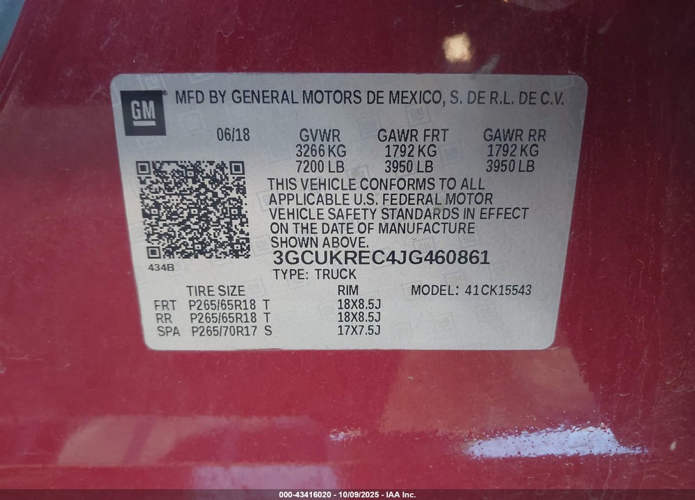 2018 CHEVROLET SILVERADO 1500 VIN: 3GCUKREC4JG460861