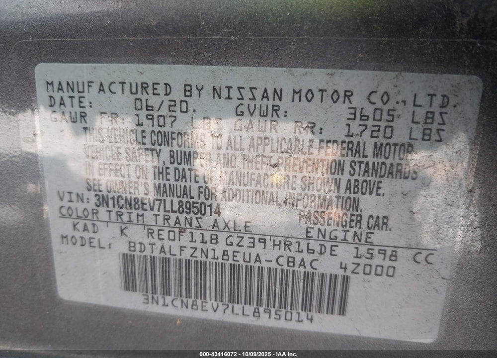 2020 NISSAN VERSA VIN: 3N1CN8EV7LL895014