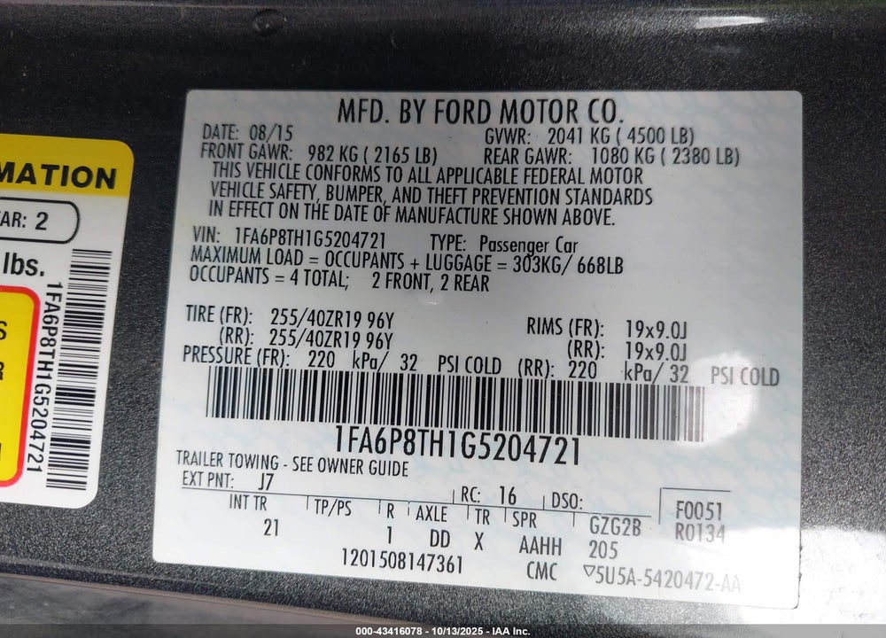 2016 FORD MUSTANG ECOBOOST VIN: 1FA6P8TH1G5204721