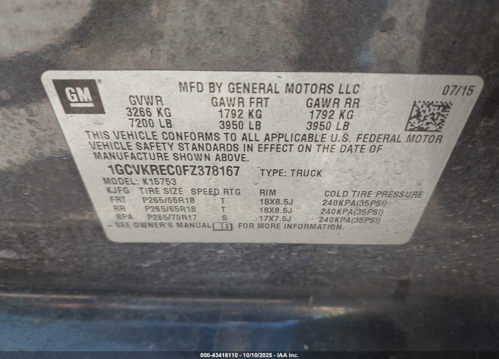2015 CHEVROLET SILVERADO 1500 VIN: 1GCVKREC0FZ378167