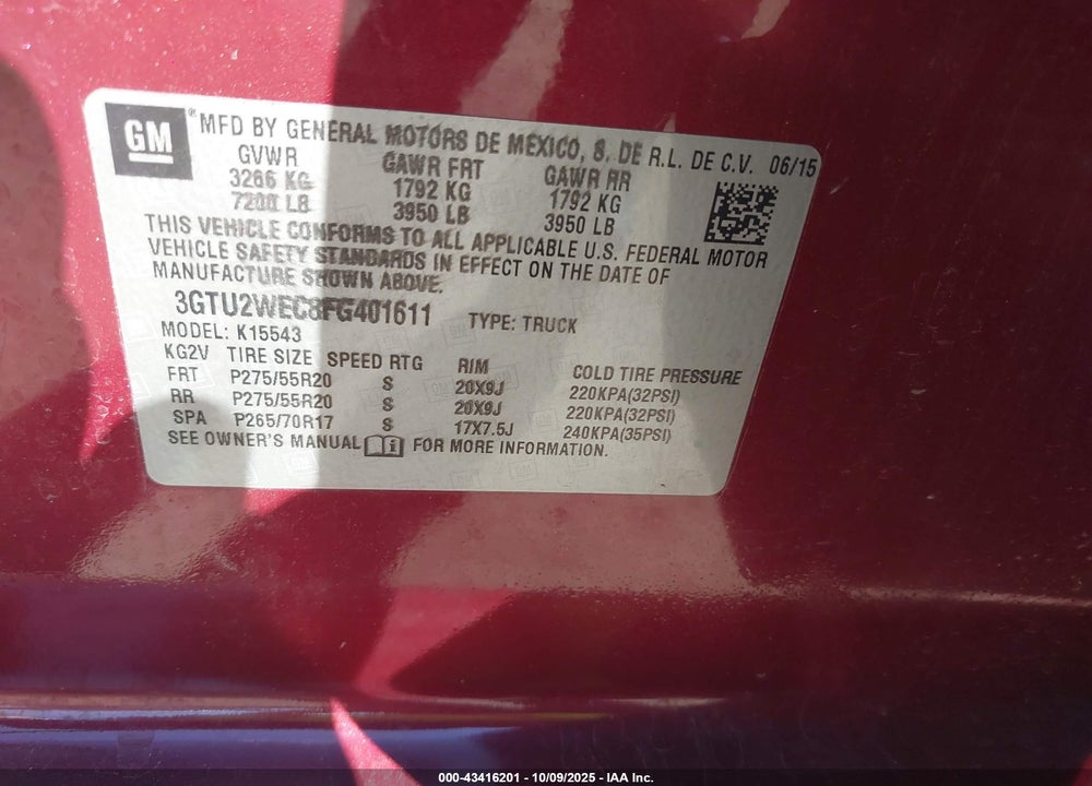 2015 GMC SIERRA 1500 VIN: 3GTU2WEC8FG401611
