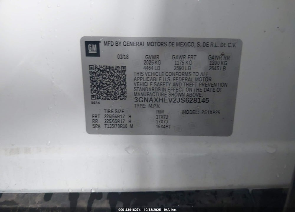 2018 CHEVROLET EQUINOX VIN: 3GNAXHEV2JS628145