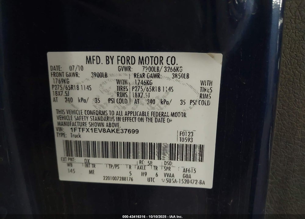 2010 FORD F-150 FX4/LARIAT/XL/XLT VIN: 1FTFX1EV8AKE37699