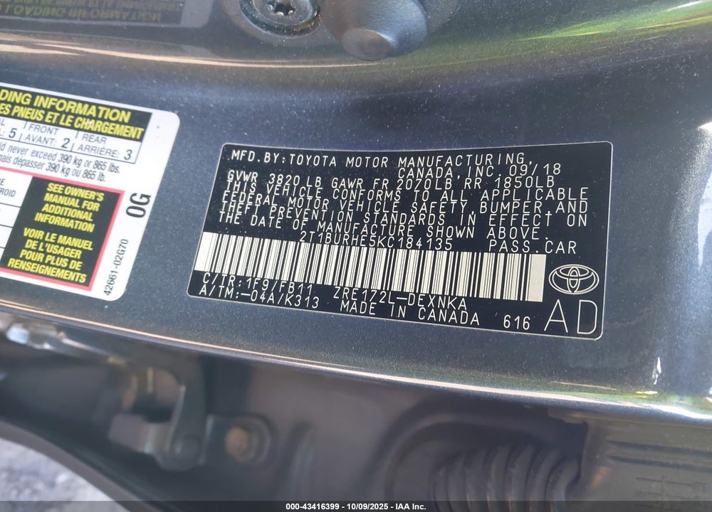2019 TOYOTA COROLLA LE VIN: 2T1BURHE5KC184135