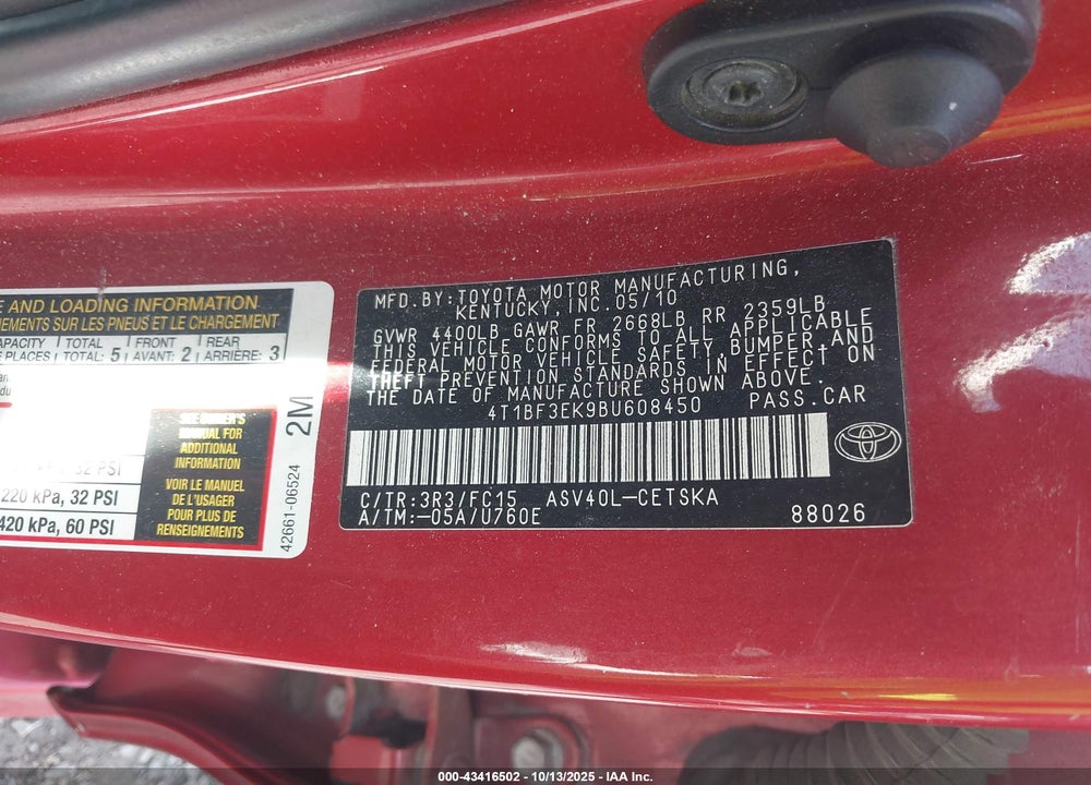 2011 TOYOTA CAMRY SE VIN: 4T1BF3EK9BU608450
