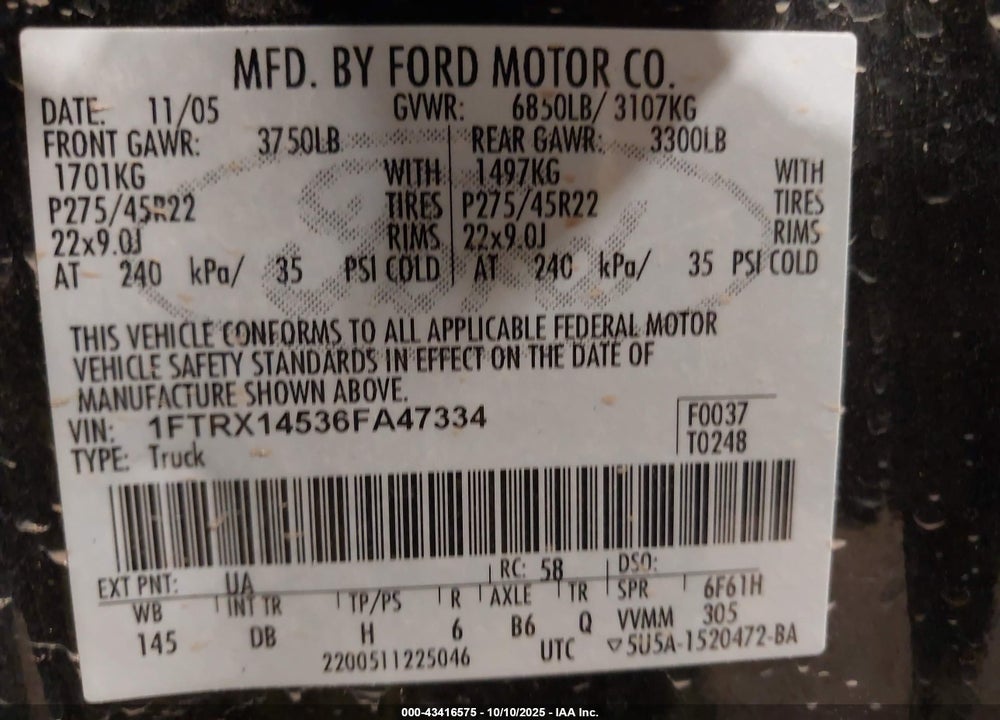 2006 FORD F-150 VIN: 1FTRX14536FA47334