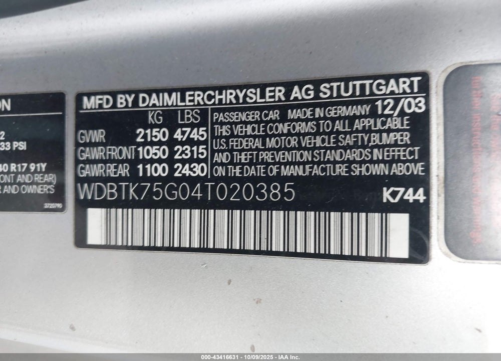 2004 MERCEDES-BENZ CLK 500 VIN: WDBTK75G04T020385