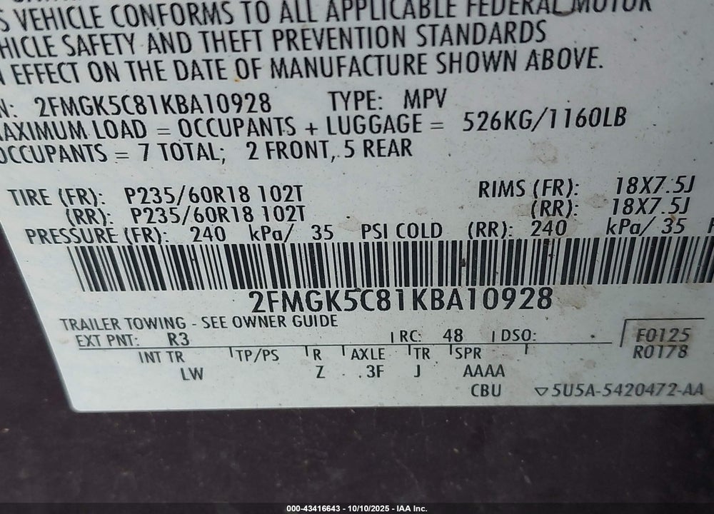 2019 FORD FLEX VIN: 2FMGK5C81KBA10928