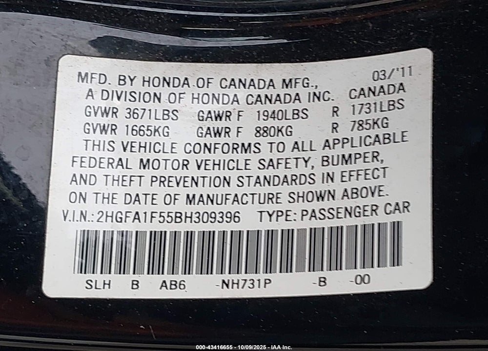 2011 HONDA CIVIC VIN: 2HGFA1F55BH309396