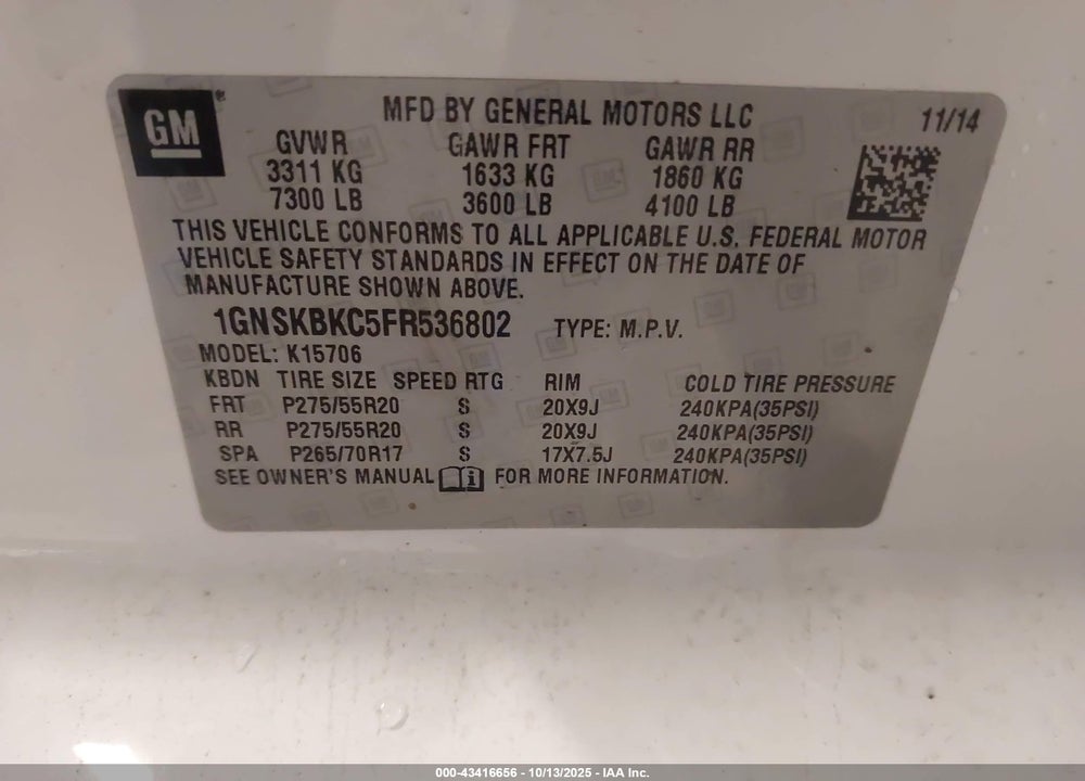 2015 CHEVROLET TAHOE VIN: 1GNSKBKC5FR536802