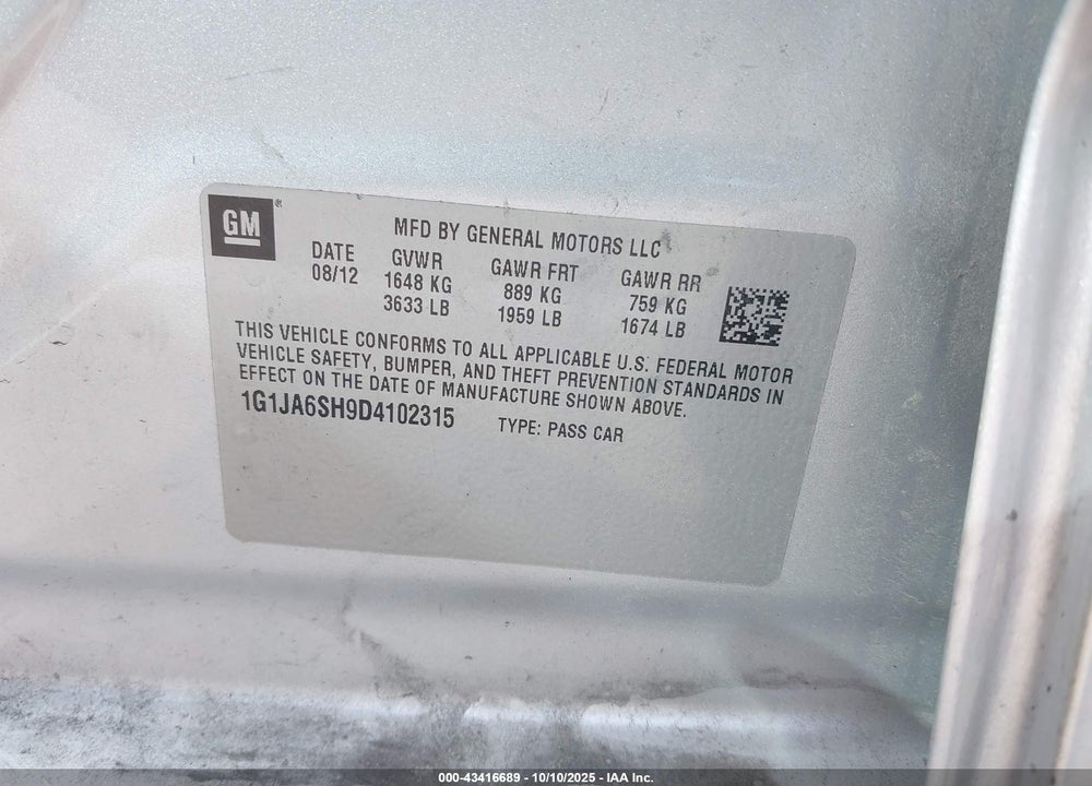 2013 CHEVROLET SONIC LS AUTO VIN: 1G1JA6SH9D4102315