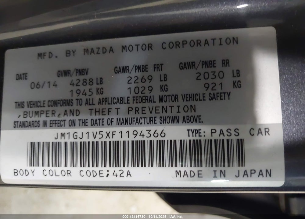2015 MAZDA 6 VIN: JM1GJ1V5XF1194366
