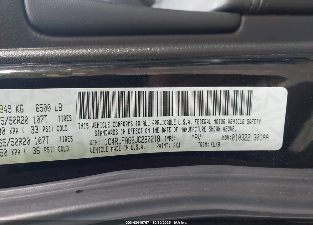 2018 JEEP GRAND CHEROKEE VIN: 1C4RJFAG6JC280218