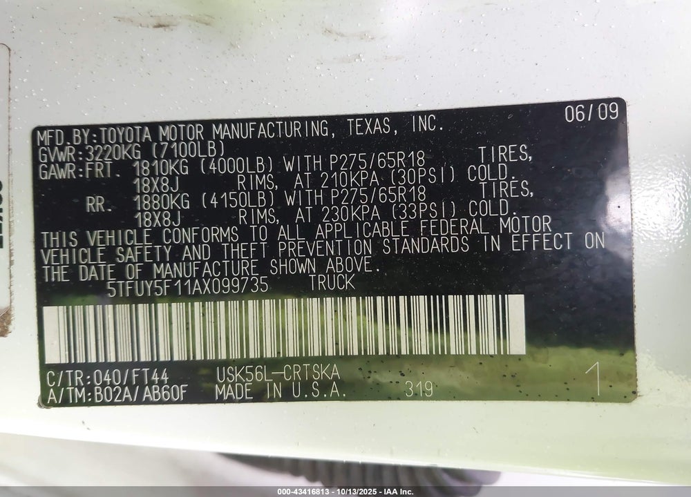 2010 TOYOTA TUNDRA GRADE 5.7L V8 VIN: 5TFUY5F11AX099735