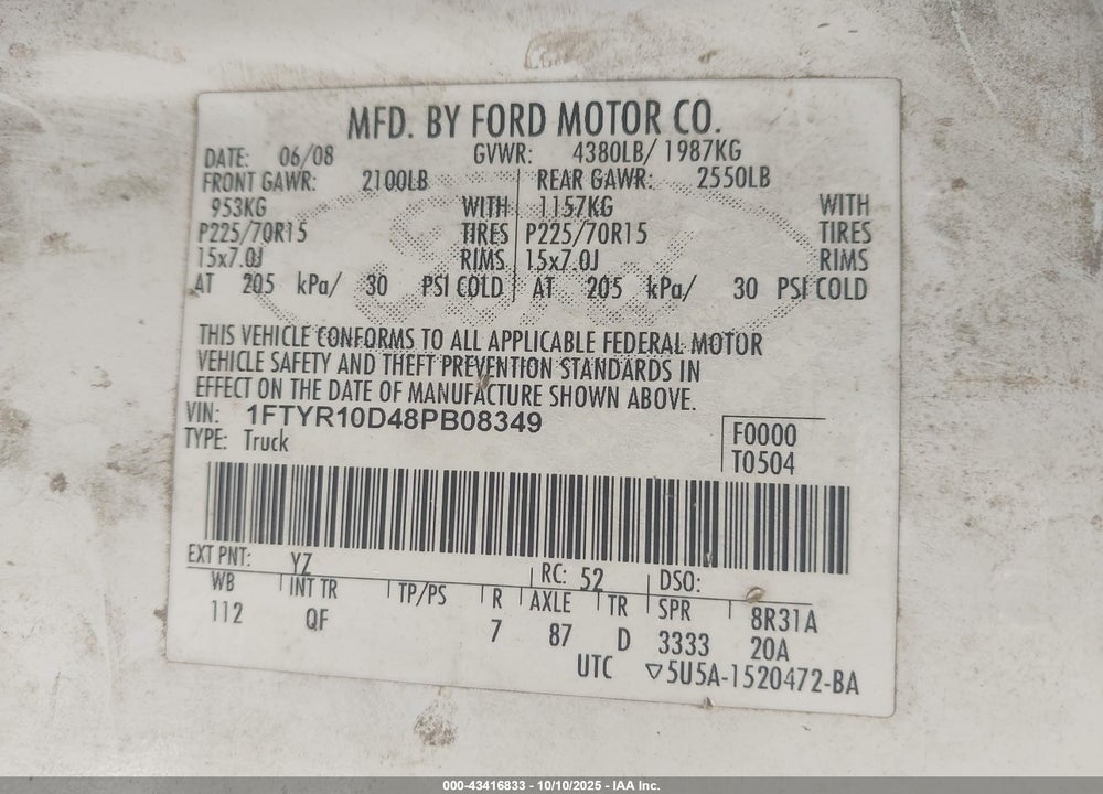 2008 FORD RANGER VIN: 1FTYR10D48PB08349