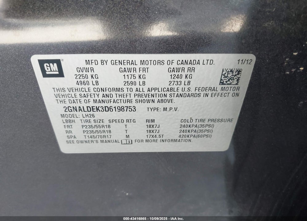 2013 CHEVROLET EQUINOX 1LT VIN: 2GNALDEK3D6198753