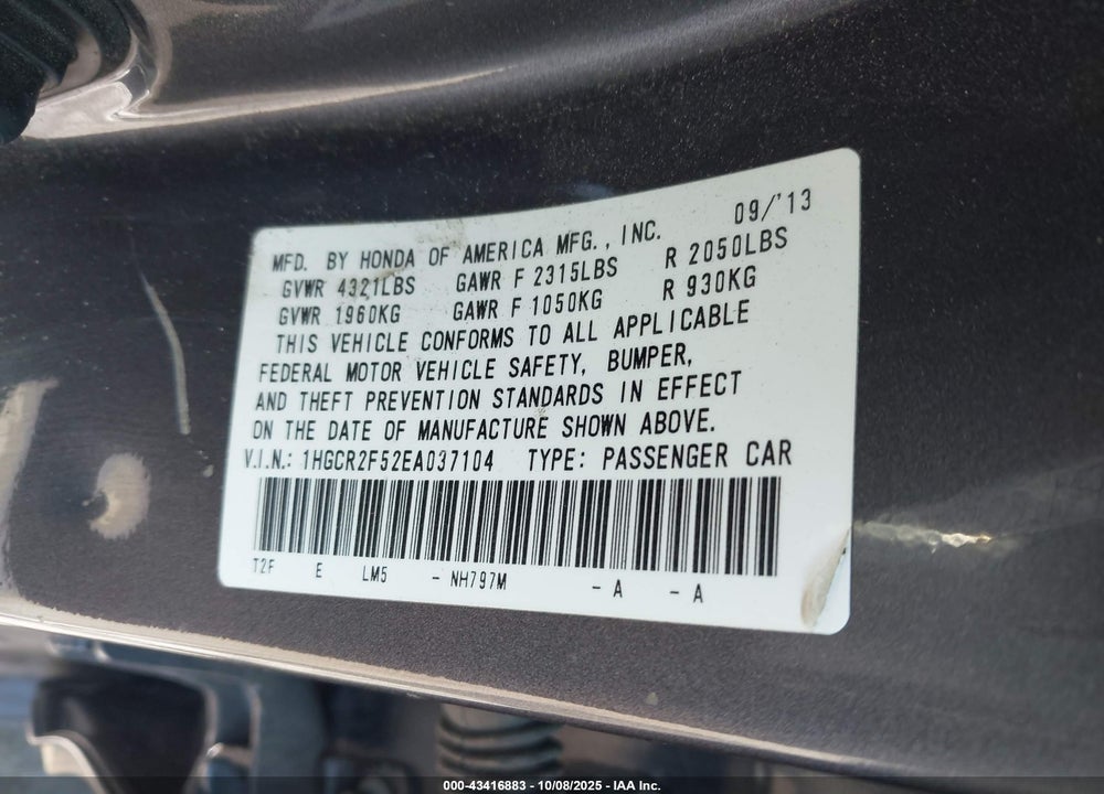 2014 HONDA ACCORD SPORT VIN: 1HGCR2F52EA037104