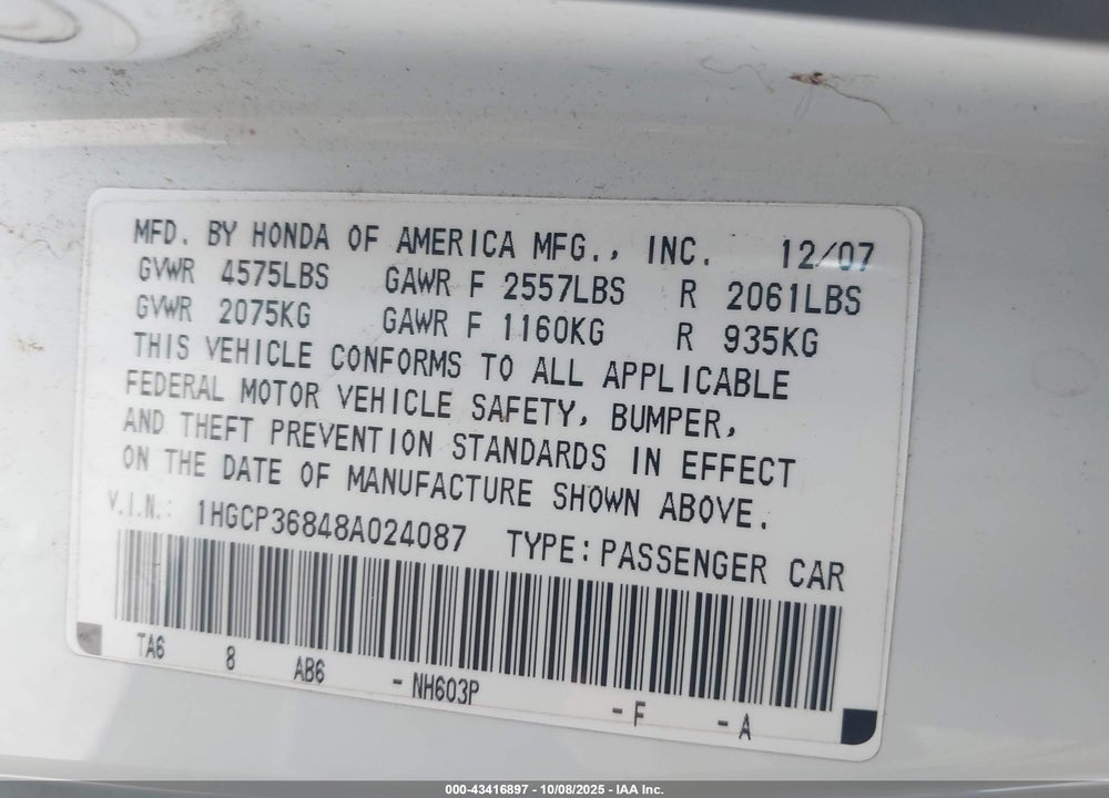 2008 HONDA ACCORD VIN: 1HGCP36848A024087