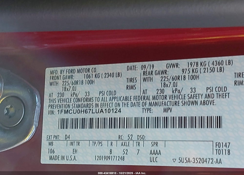 2020 FORD ESCAPE SEL VIN: 1FMCU0H67LUA10124