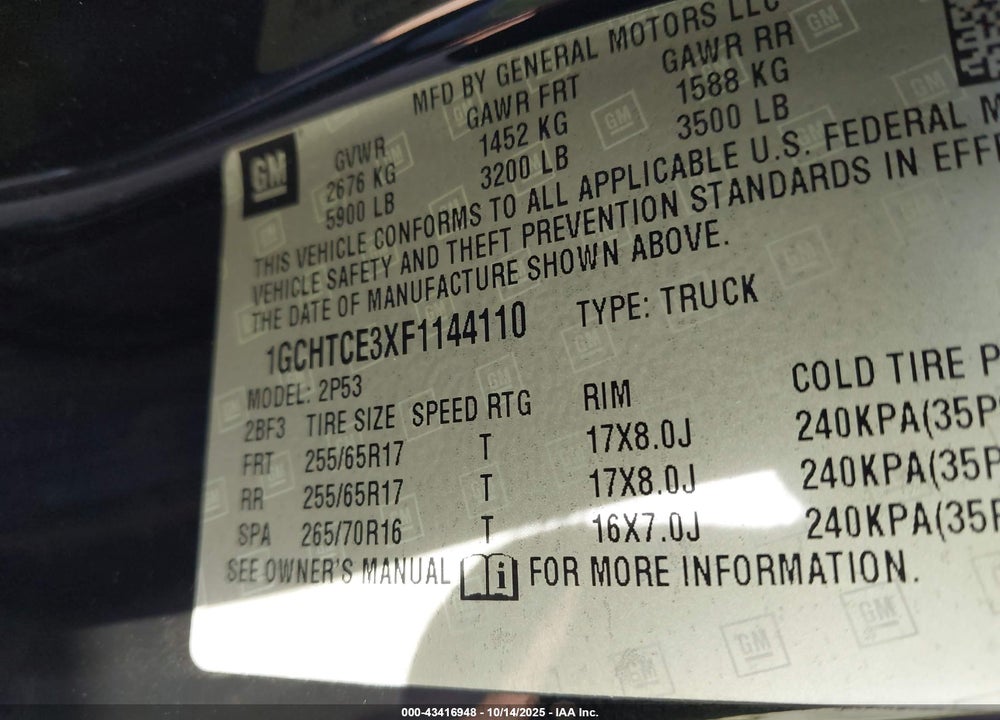 2015 CHEVROLET COLORADO Z71 VIN: 1GCHTCE3XF1144110