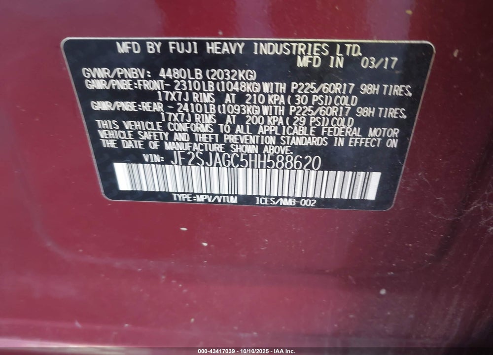2017 SUBARU FORESTER VIN: JF2SJAGC5HH588620