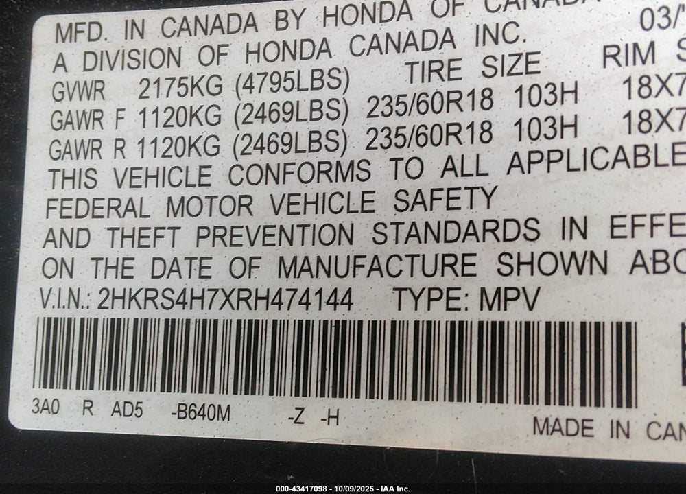 2024 HONDA CR-V EX-L AWD VIN: 2HKRS4H7XRH474144