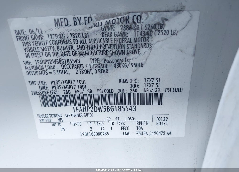 2011 FORD TAURUS VIN: 1FAHP2DW5BG185543