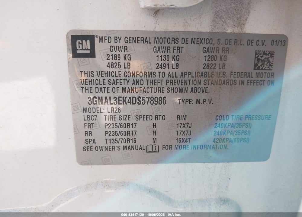 2013 CHEVROLET CAPTIVA SPORT VIN: 3GNAL3EK4DS578986