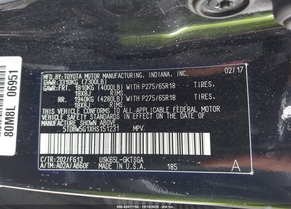 2017 TOYOTA SEQUOIA VIN: 5TDBW5G1XHS151231