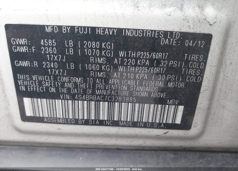 2012 SUBARU OUTBACK VIN: 4S4BRBAC7C3283885