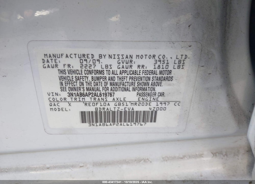 2010 NISSAN SENTRA 2.0S VIN: 3N1AB6AP2AL619767