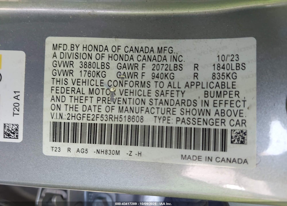 2024 HONDA CIVIC SPORT VIN: 2HGFE2F53RH518608