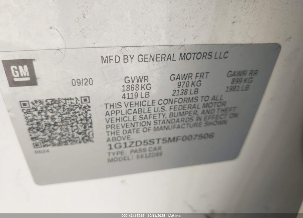 2021 CHEVROLET MALIBU FWD LT VIN: 1G1ZD5ST5MF007506