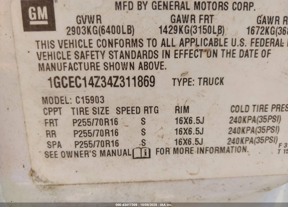 2004 CHEVROLET SILVERADO 1500 WORK TRUCK VIN: 1GCEC14Z34Z311869