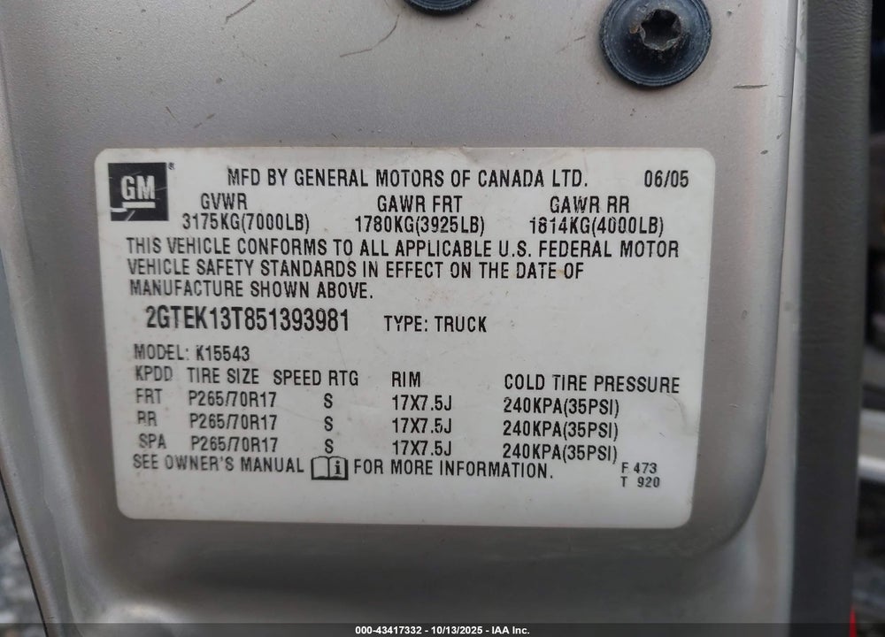 2005 GMC SIERRA 1500 SLE VIN: 2GTEK13T851393981