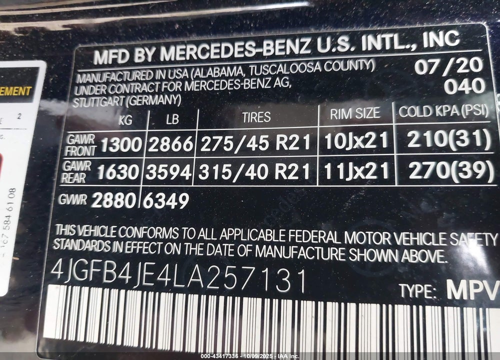 2020 MERCEDES-BENZ GLE 350 VIN: 4JGFB4JE4LA257131
