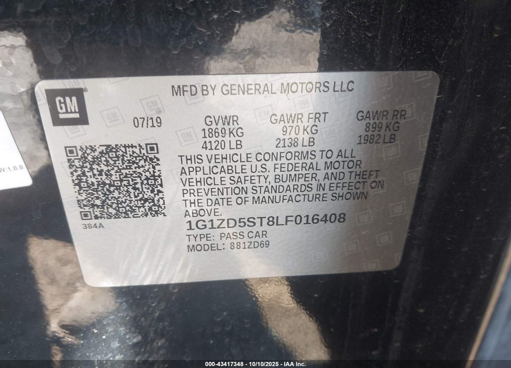 2020 CHEVROLET MALIBU FWD LT VIN: 1G1ZD5ST8LF016408