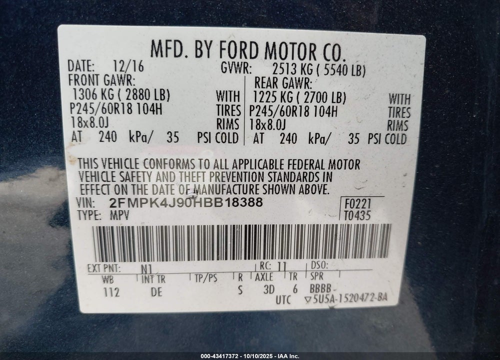 2017 FORD EDGE VIN: 2FMPK4J90HBB18388