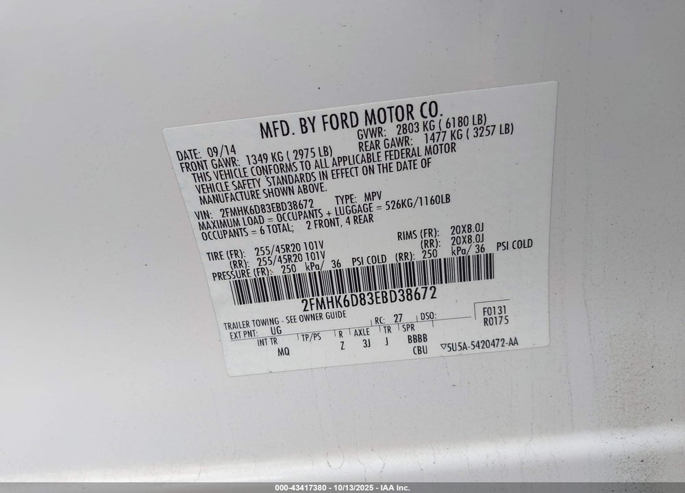 2014 FORD FLEX VIN: 2FMHK6D83EBD38672