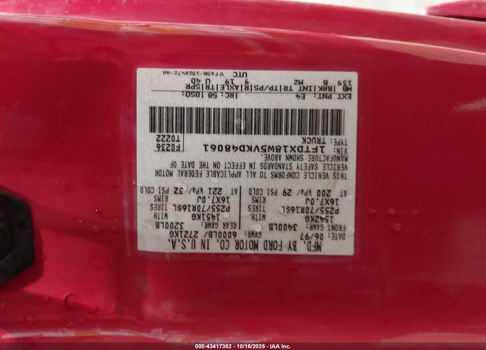 1997 FORD F-150 LARIAT/XL/XLT VIN: 1FTDX18W5VKD48061