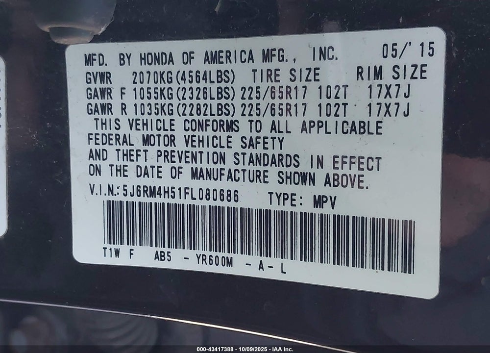 2015 HONDA CR-V VIN: 5J6RM4H51FL080686