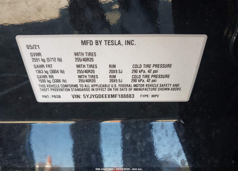 2021 TESLA MODEL Y LONG RANGE DUAL MOTOR ALL-WHEEL DRIVE VIN: 5YJYGDEEXMF188883