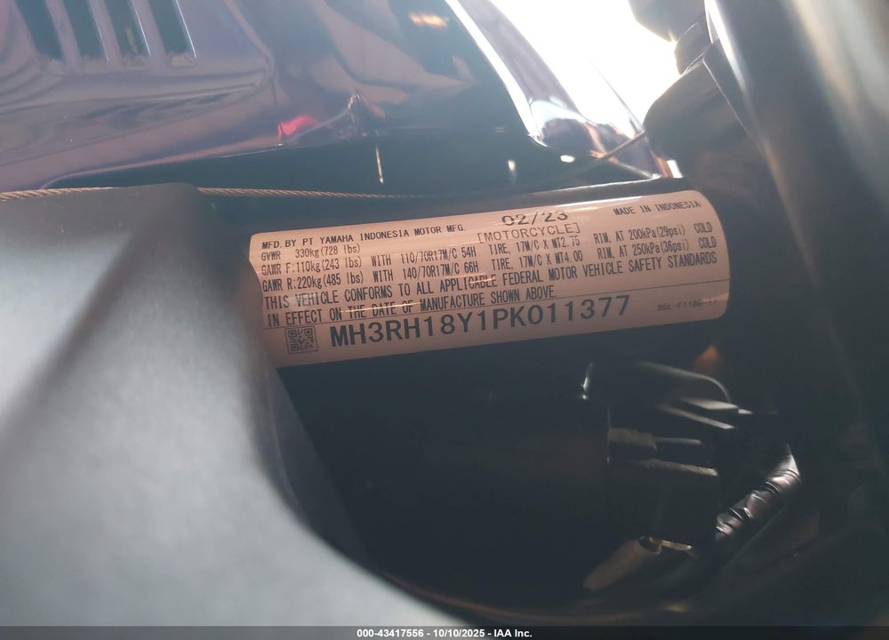 2023 YAMAHA YZFR3 A VIN: MH3RH18Y1PK011377