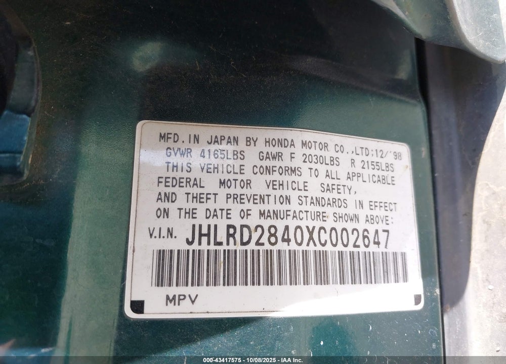 1999 HONDA CR-V LX VIN: JHLRD2840XC002647